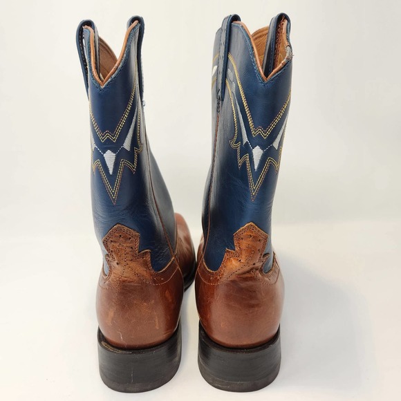 Road Wolf Mens Blue Brown Leather Western Cowboy Boots 8 M Broad Square Toe - Picture 10 of 12
